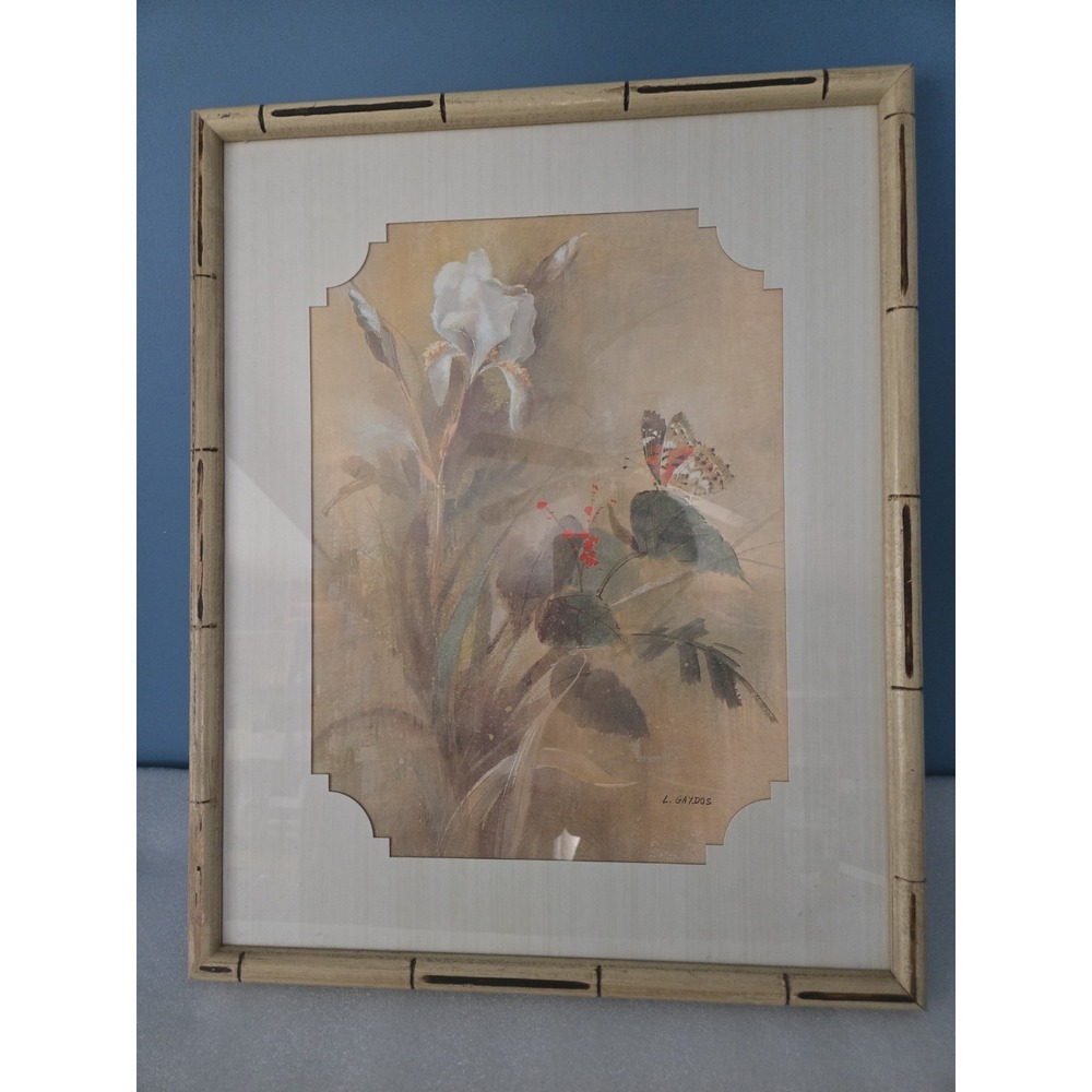 Vintage Framed Iris And Butterfly Print By L. Gaydos 1978 Bamboo Frame MCM